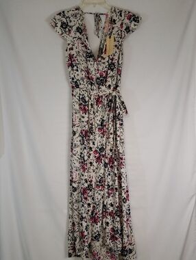 BOG Collective Floral V-Neck High-low Maxi Faux Wrap Dress Cream Floral Print